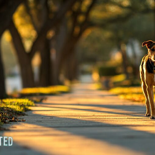 Dog walking on a tree-lined neighborhood sidewalk at golden hour
