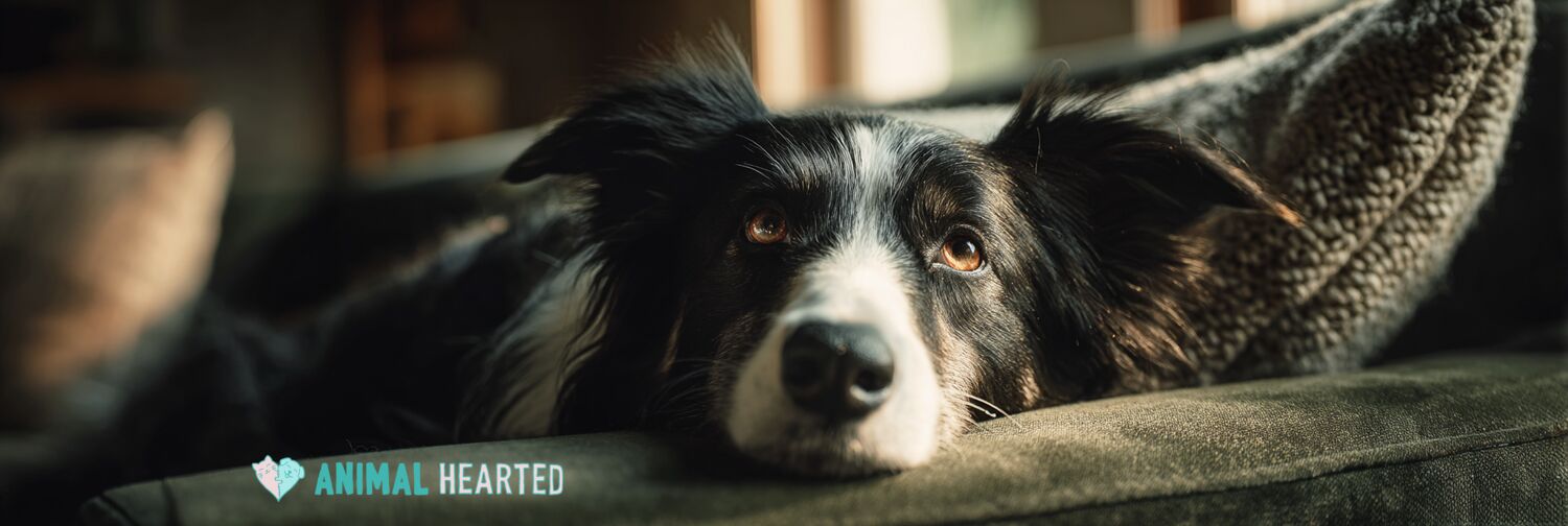 Golden retriever resting on a couch looking worried