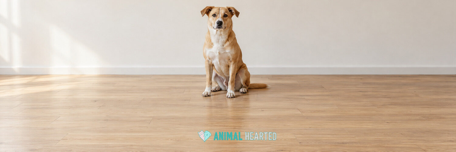 A tan dog with a white chest sitting on a wooden floor in front of a plain wall
