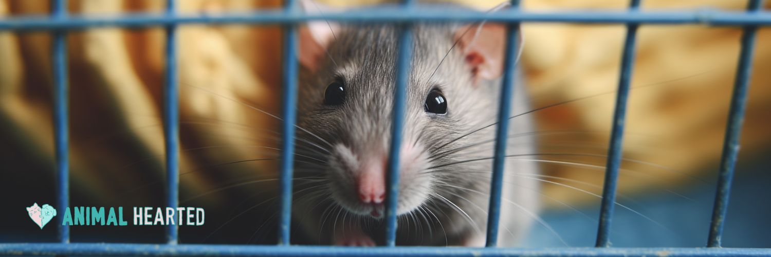 A gray rat looking out through the blue bars of a cage