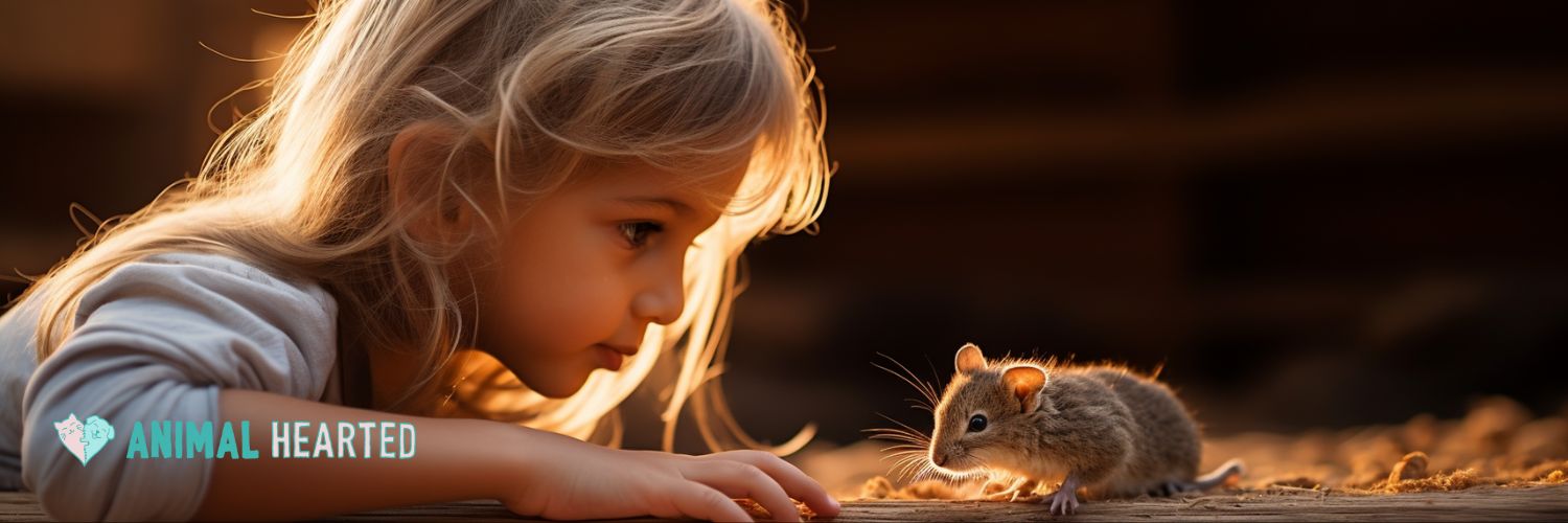 A young girl with long blonde hair lying on a wooden floor and looking at a small brown rodent in front of her