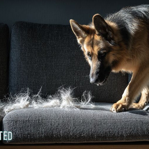 A German Shepherd standing on a dark gray couch beside a clump of loose fur on the cushion