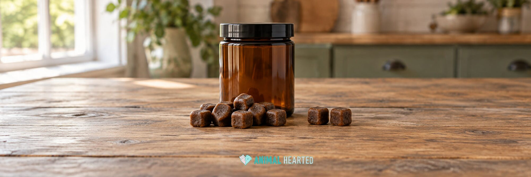 A clear amber glass jar with a black lid and a small pile of soft square brown chews on a worn wooden table in a bright kitchen