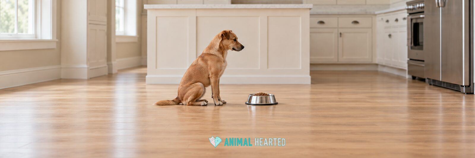 A tan dog sitting on a wood kitchen floor beside a steel bowl of kibble