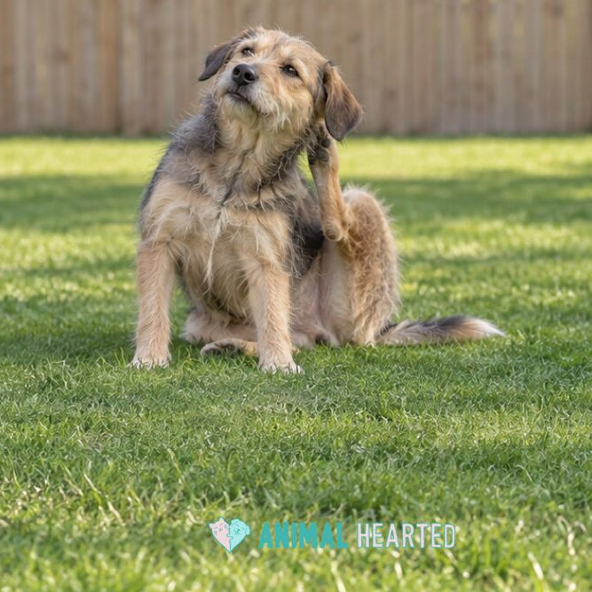 A shaggy tan and gray mixed-breed dog sitting on a lawn and scratching behind its ear with a hind paw