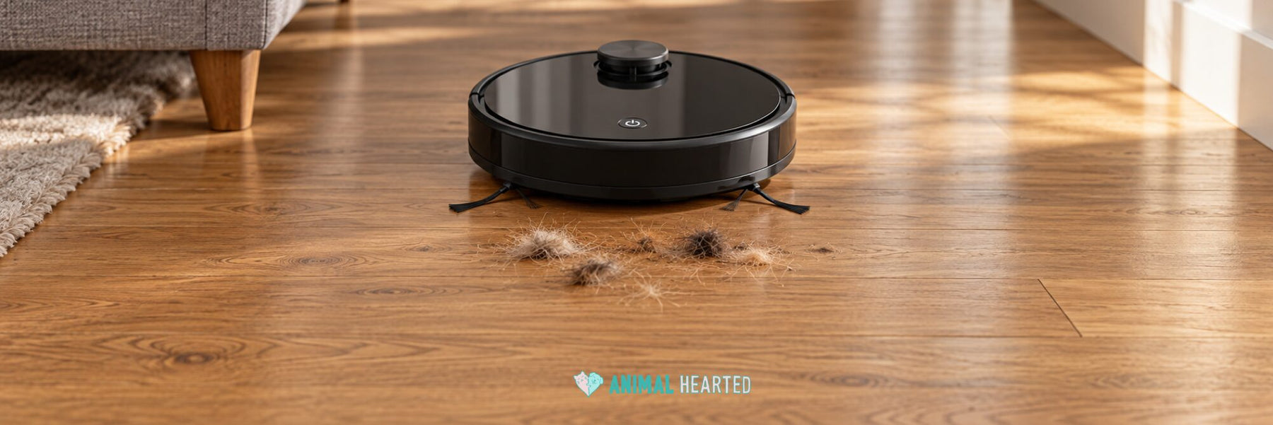 A black round robot vacuum on a wood floor with small clumps of tan and black fur in front of it, a gray sofa leg and a rug at the left