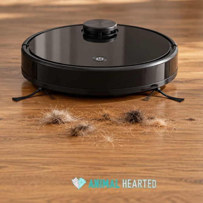 A black round robot vacuum on a wood floor with small clumps of tan and black fur in front of it, a gray sofa leg and a rug at the left