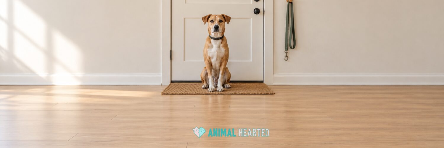 A tan dog with a white chest sits calmly on a doormat in front of a front door, with a leash on a wall hook