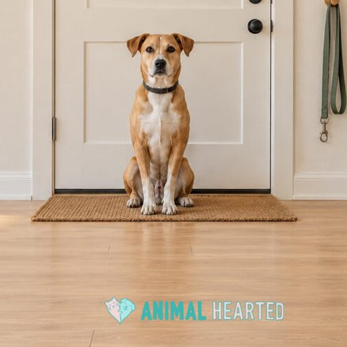 A tan dog with a white chest sits calmly on a doormat in front of a front door, with a leash on a wall hook
