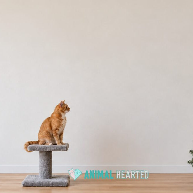 An orange tabby cat sitting on a small gray cat tree and looking toward an artificial Christmas tree with a cream skirt and a few wooden stars and felt balls hung on its upper branches