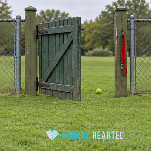 A green wooden dog park gate stands slightly open with a red leash hanging from the post and a tennis ball on the grass