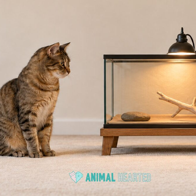 A tabby cat sits on a cream carpet and looks at a closed glass tank on a wooden stand, with a lit lamp above the tank, a branch and a flat stone inside, and the tank floor lined with plain brown paper