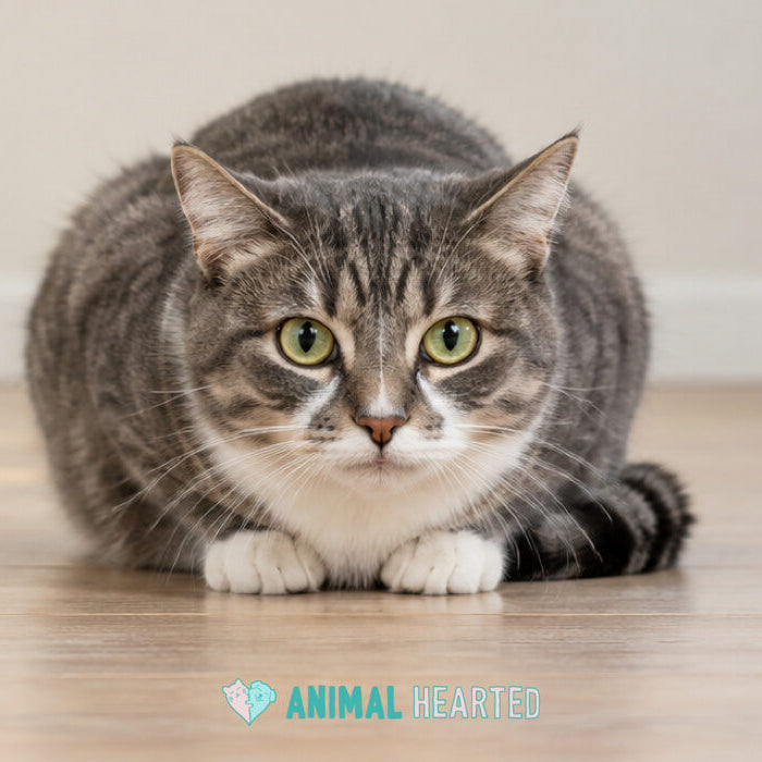 Gray and white tabby cat crouched low on a wooden floor with its paws tucked under its chest and green eyes looking at the camera