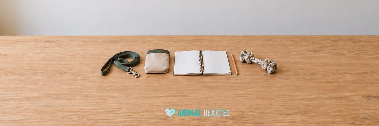 A coiled dog leash, a canvas treat pouch, an open blank notebook with a pencil, and a rope tug toy on an oak table