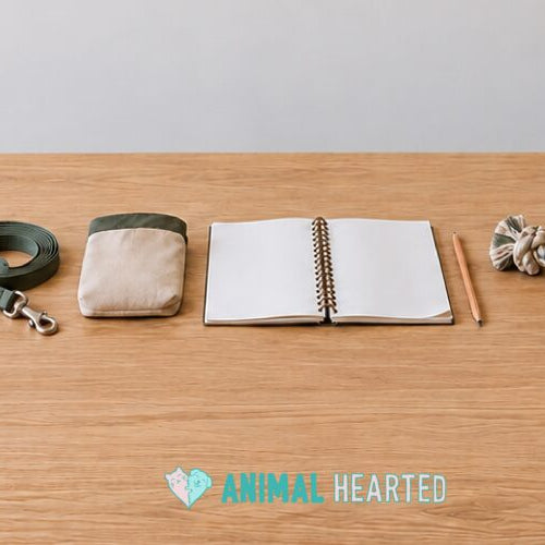 A coiled dog leash, a canvas treat pouch, an open blank notebook with a pencil, and a rope tug toy on an oak table