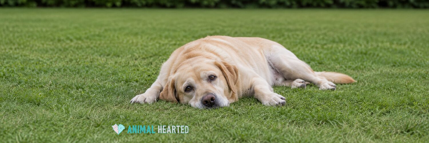 A yellow Labrador lying on its side on a lawn with its head resting on the grass
