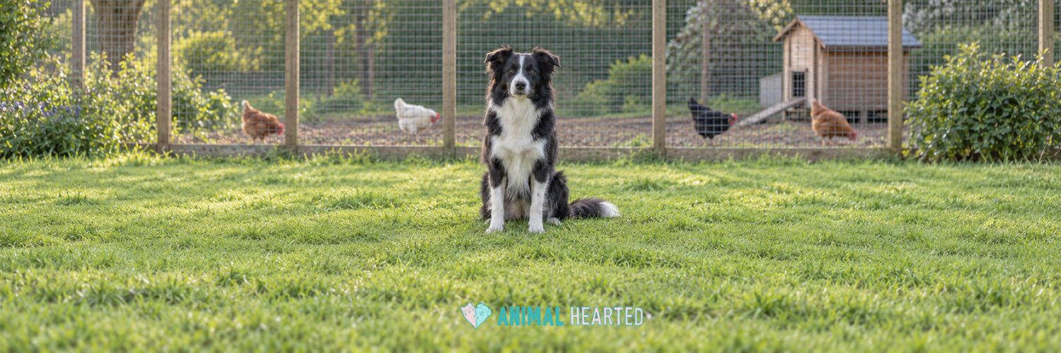 A black and white Border Collie sitting on grass in front of a wire fence with chickens walking inside the run behind it