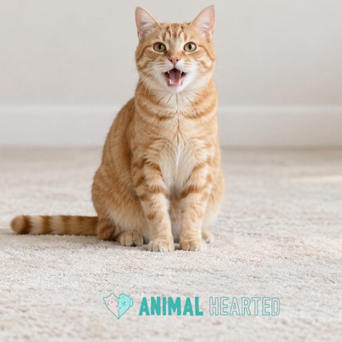 An orange tabby cat sits upright on a cream carpet with its mouth open, looking toward the camera