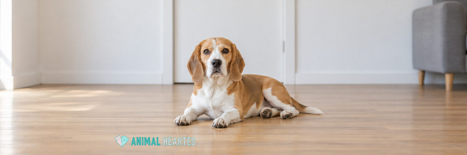 A tan and white beagle lying on a bare wood floor in front of a closed white door