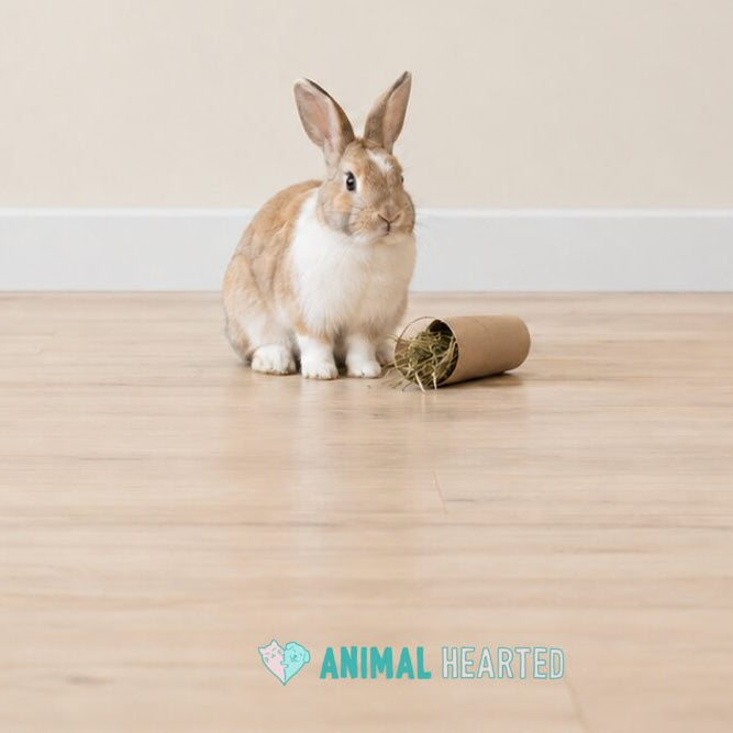 A tan and white rabbit sitting on a pale wooden floor next to a cardboard tube with hay coming out of one end