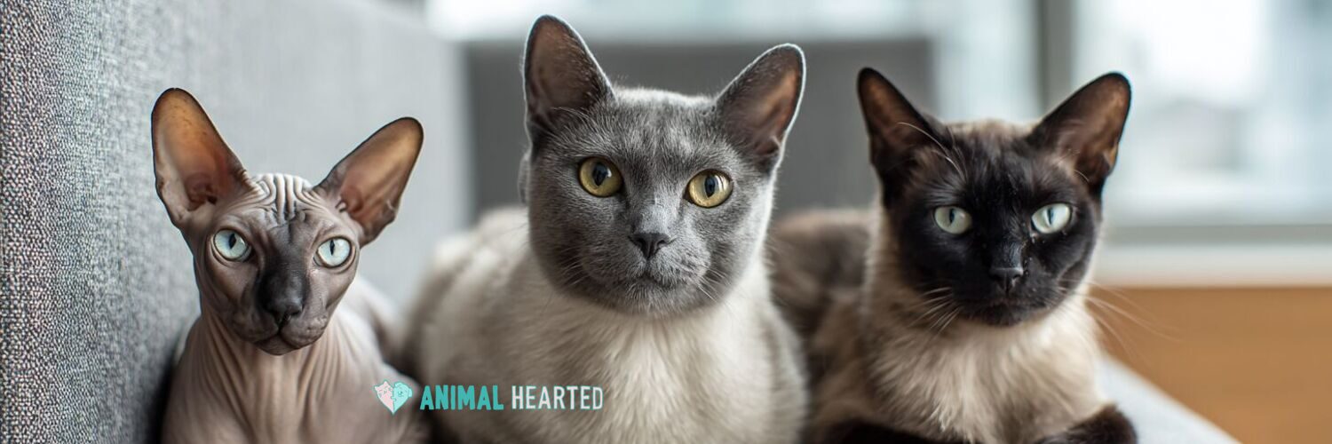 A Sphynx, a gray shorthair cat, and a dark-faced pointed cat sitting together on a gray sofa
