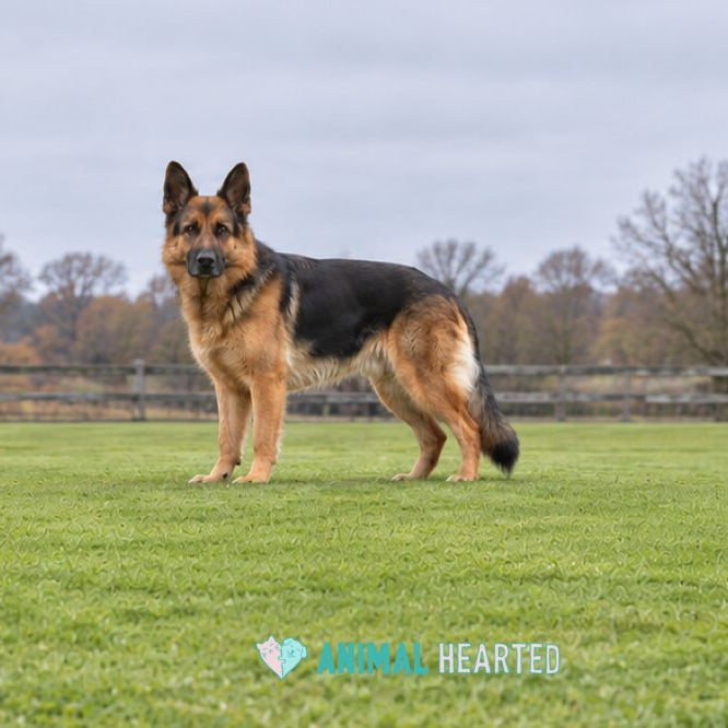 A German Shepherd with a black saddle and tan legs standing on a mowed lawn in front of a wooden fence and bare autumn trees