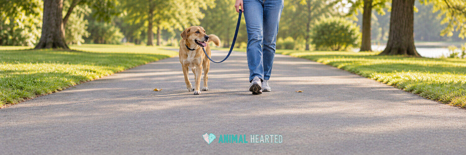 A tan dog on a loose leash walking beside a person in jeans on a paved park path lined with trees