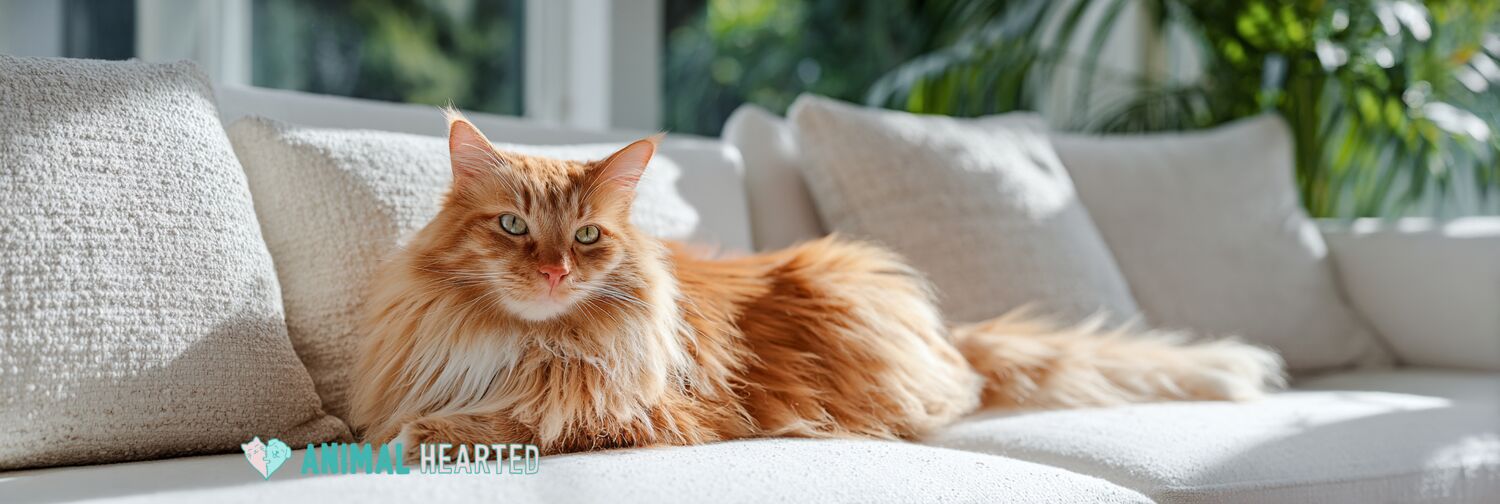 Fluffy orange cat lounging on a white couch with scattered pet hair