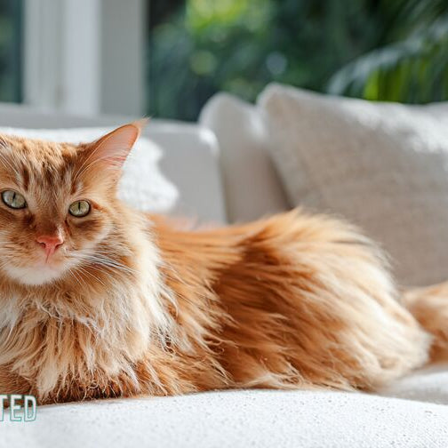 Fluffy orange cat lounging on a white couch with scattered pet hair