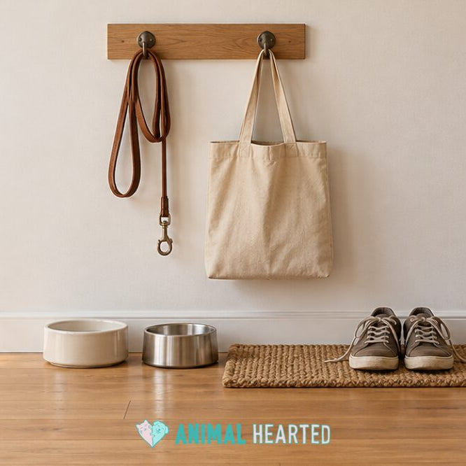 A wooden wall hook board holding a coiled brown leather leash and a cream canvas tote bag, with a cream bowl, a steel bowl, and a pair of gray-brown sneakers on a woven mat above a wood floor