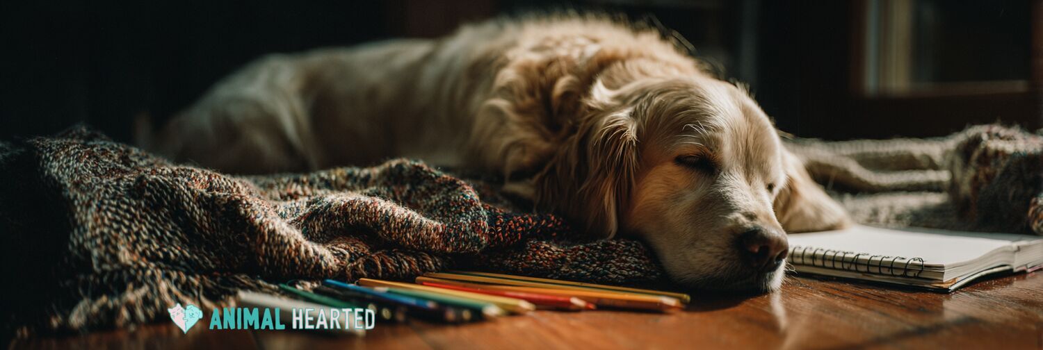 Golden retriever curled on a knitted blanket beside an open sketchbook