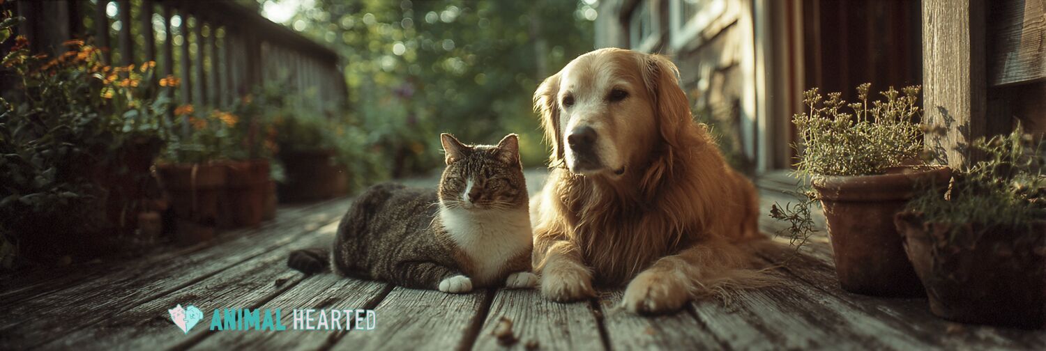 Golden retriever and tabby cat lounging on a sun-dappled porch