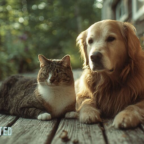 Golden retriever and tabby cat lounging on a sun-dappled porch