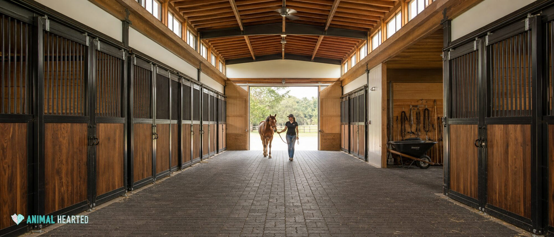 Horse and handler walking through a wide, bright center aisle in a well-organized working barn