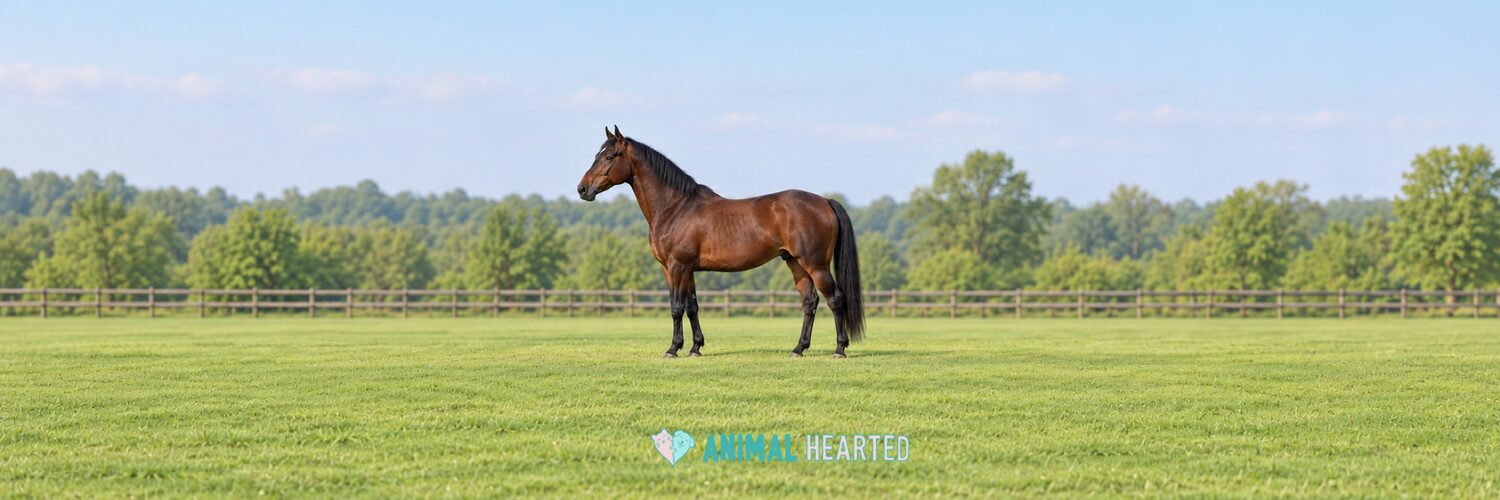 A dark bay horse with a black mane and tail standing in profile on a mown green paddock with a wooden rail fence and trees behind it