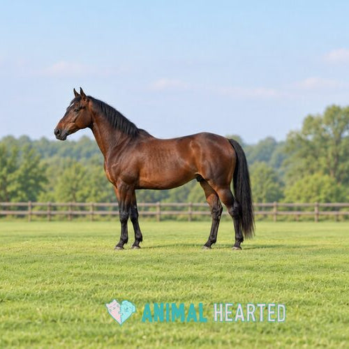 A dark bay horse with a black mane and tail standing in profile on a mown green paddock with a wooden rail fence and trees behind it