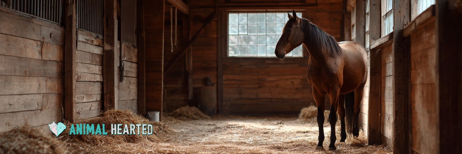 Chestnut horse standing comfortably inside a wooden barn stall