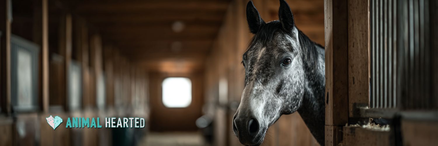 Gray horse looking out over stall door in a naturally lit barn with good ventilation