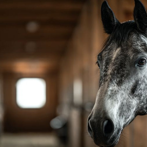 Gray horse looking out over stall door in a naturally lit barn with good ventilation