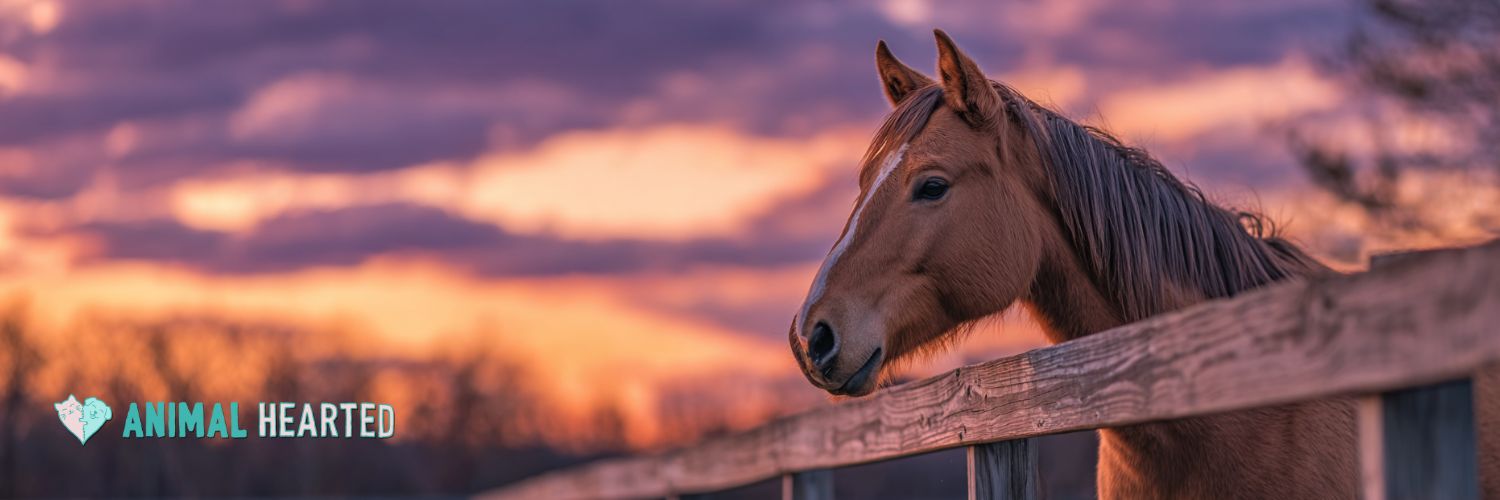 A horse against a fence in the sunset