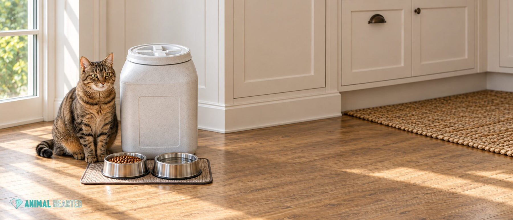 Brown tabby cat sitting on a kitchen floor beside a tall sealed pet food bin and two clean bowls