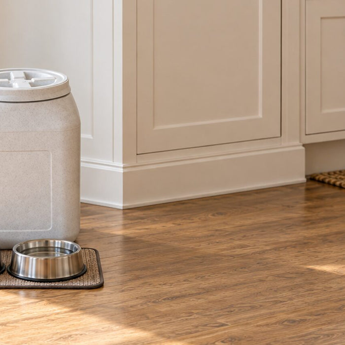 Brown tabby cat sitting on a kitchen floor beside a tall sealed pet food bin and two clean bowls