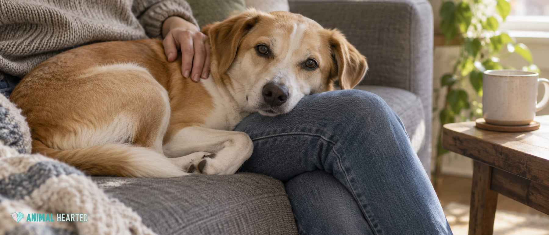Tan and white dog curled on a sofa with its chin on a person's knee in soft morning light