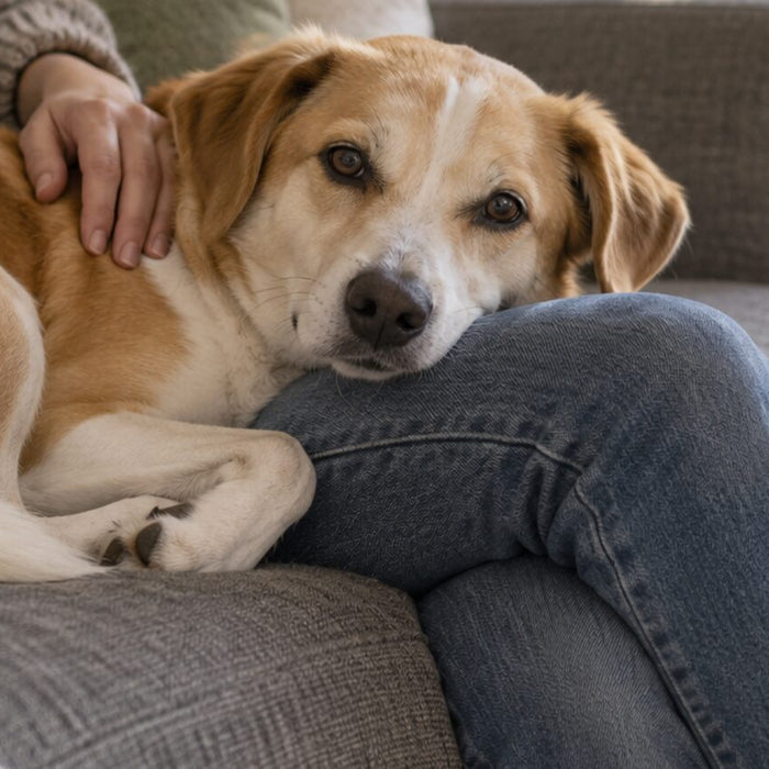 Tan and white dog curled on a sofa with its chin on a person's knee in soft morning light