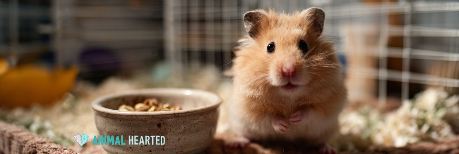 fluffy syrian hamster on a desk corner with a bowl of seeds and cage in the background