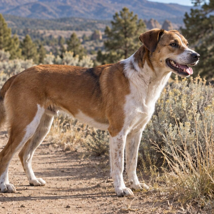 Brown and white dog standing on a high desert trail beside tall dry grass and sagebrush