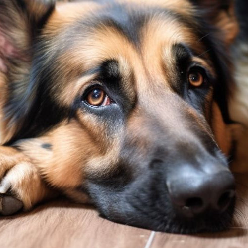 A German Shepherd lying on a wood floor with its chin resting on its front paws and its eyes toward the camera