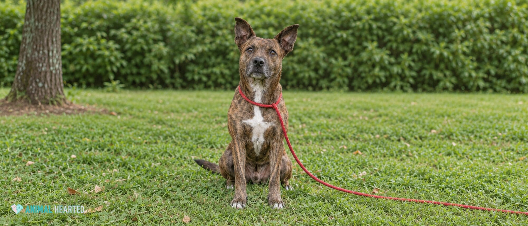 Brindle mixed-breed dog with a red slip leash sitting on a lawn in open shade, photographed at eye level