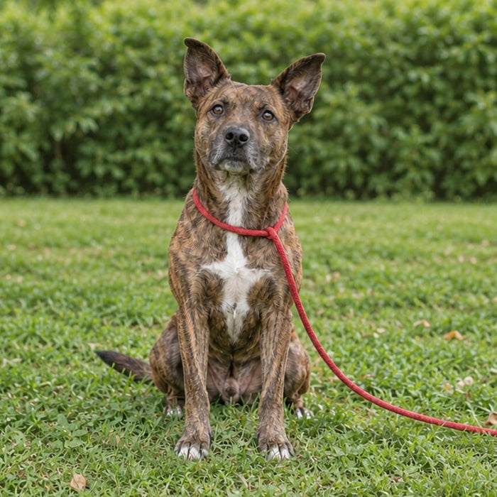Brindle mixed-breed dog with a red slip leash sitting on a lawn in open shade, photographed at eye level