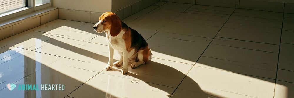 Beagle sitting on a clean tiled floor in a bright veterinary exam room